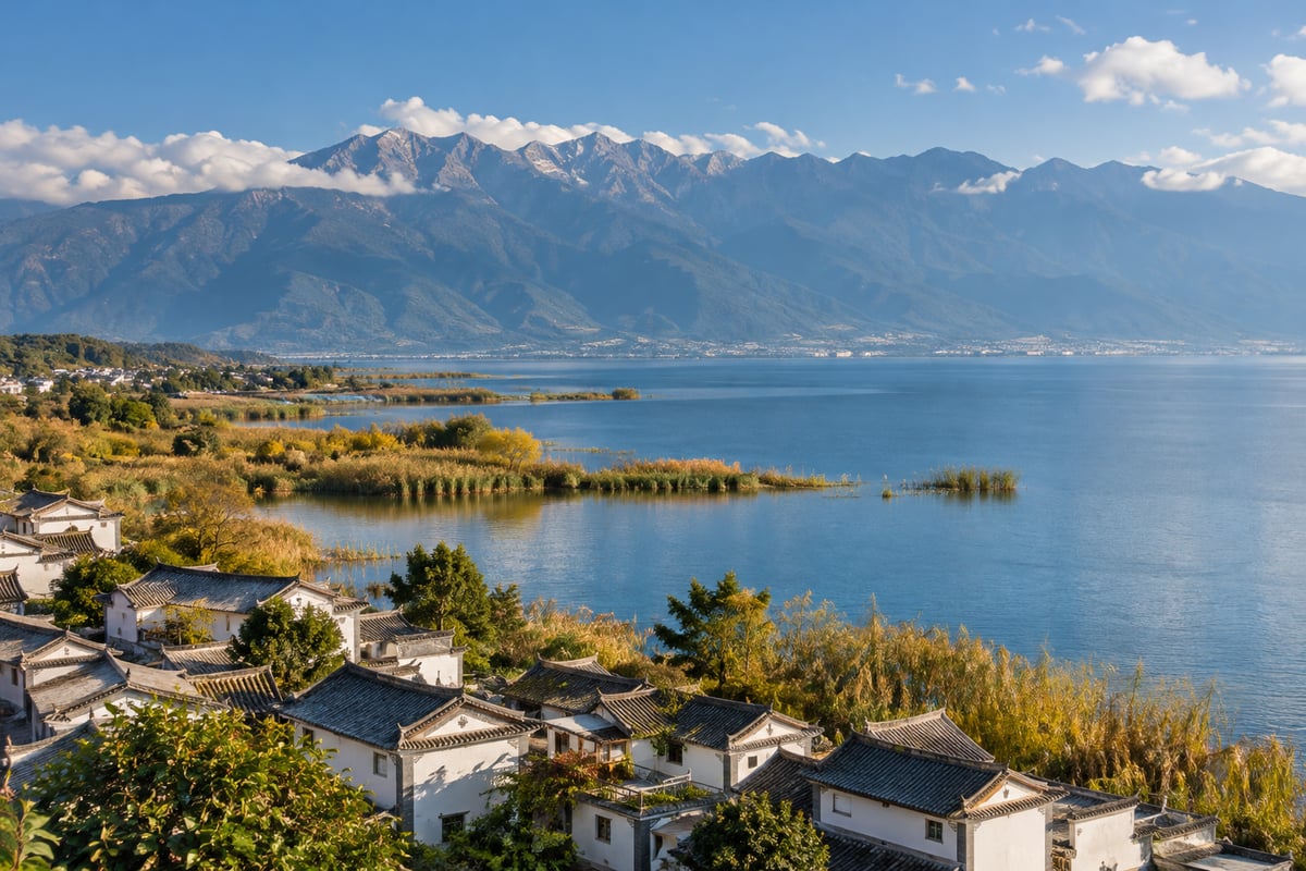 大理路线正文：洱海岸边与远处山景（主题配图）